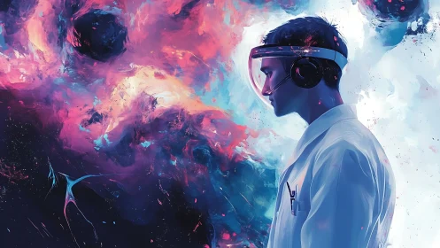 Scientist in headset facing abstract cosmic nebula field.