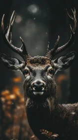 Male deer with antlers in low light forest environment.