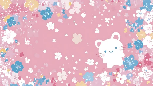 Kawaii white mouse character floats amid pastel floral frame