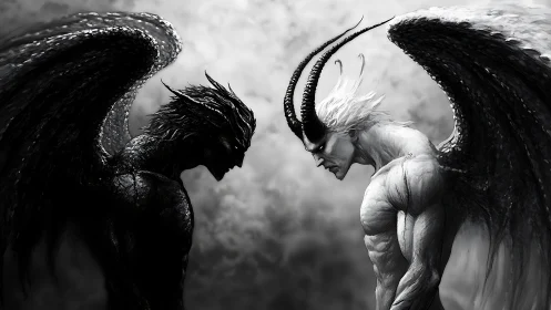 Dual-winged demons confront each other in stormy tension