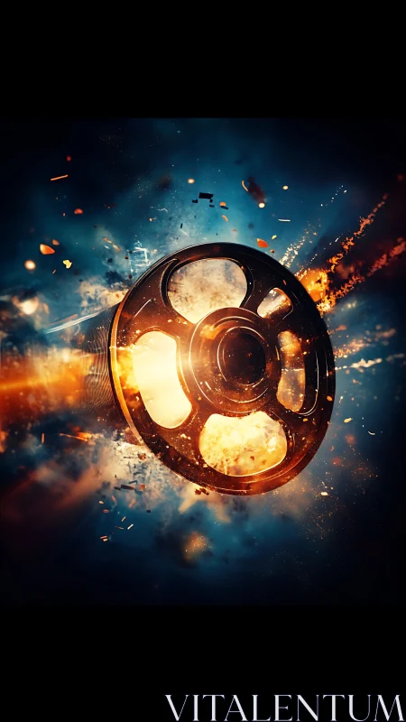 Exploding cinematic film reel in high-energy combustion field.