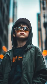 Young subject in dark jacket positioned against urban alleyway with gradient bokeh lighting
