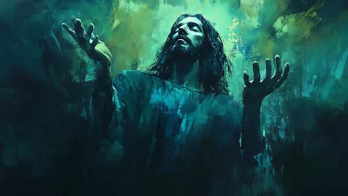 Expressive messianic figure rendered in teal atmospheric brushwork