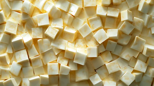 Diced butter cubes under soft studio light in macro view.