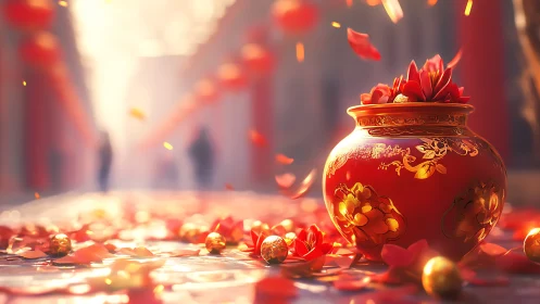 Red ornamental jar with gold details on petal-strewn street.