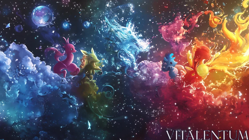 Cosmic elemental creatures swirl through radiant starlit clouds