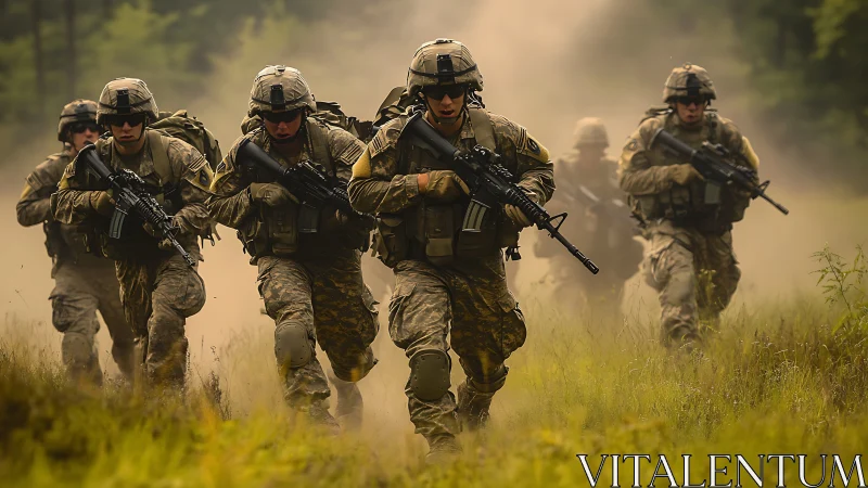 Soldiers charge through misty field in focused formation.