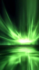 Electric green aurora erupts above mirrored water horizon