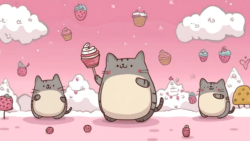 Chubby Cats in Candy Cloud Land with Cupcakes