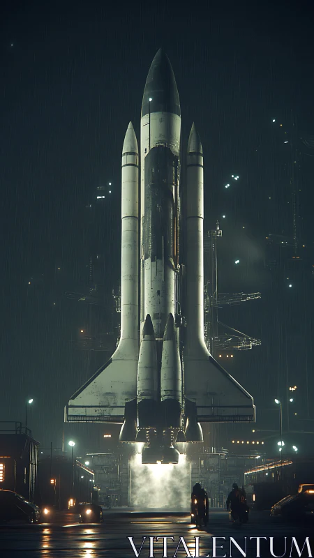 Nocturnal shuttle stack ignition amid urban launch gantries.