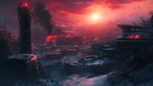 Snowy industrial wasteland glows under harsh red sunset