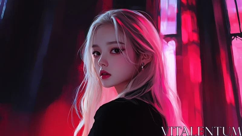 Soft pink neon glow around a thoughtful blonde portrait.