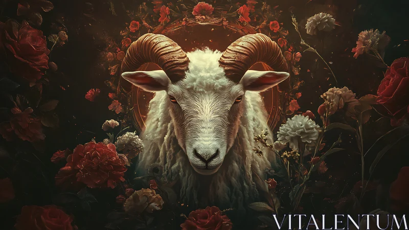 Crowned ram in a dusk-lit rose cathedral of quiet ferocity.