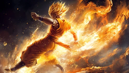 Fiery anime warrior launches explosive flame-charged strike.