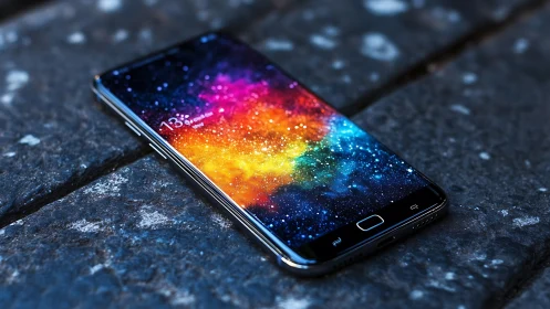 Smartphone with cosmic gradient screen rests on stone ground