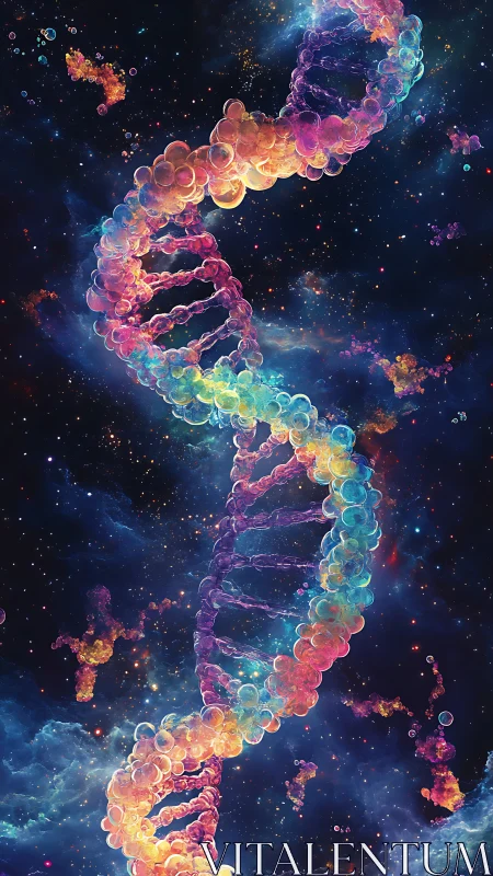 Helical DNA strand rendered in multicolor cosmic environment.