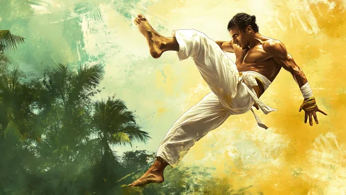 Martial artist executes airborne capoeira kick with dynamic lighting
