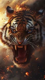 Firelit roaring tiger portrait with blazing embers.