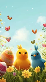 Springtime chicks amid patterned Easter eggs and blooms.