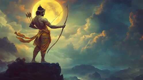 Epic digital painting of mythic archer against lunar sky.