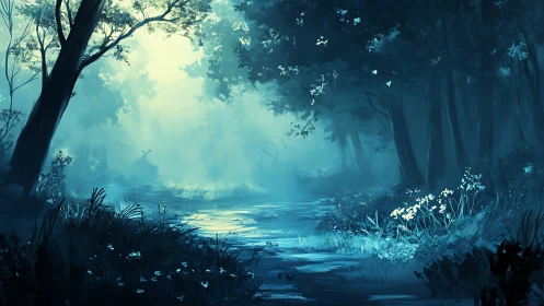 Luminescent Forest Stream: Digital Landscape with Atmospheric Mist.