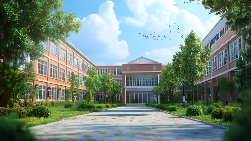 Sunlit school courtyard welcomes students with open paths