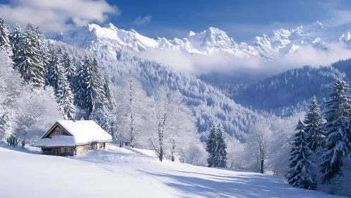 Snow-draped cabin whispers quietly beneath towering peaks