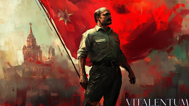 Revolutionary leader stands before bold crimson banner