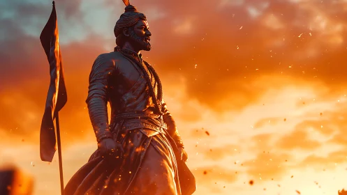 Sun-forged warrior statue crowned in blazing dusk fire.