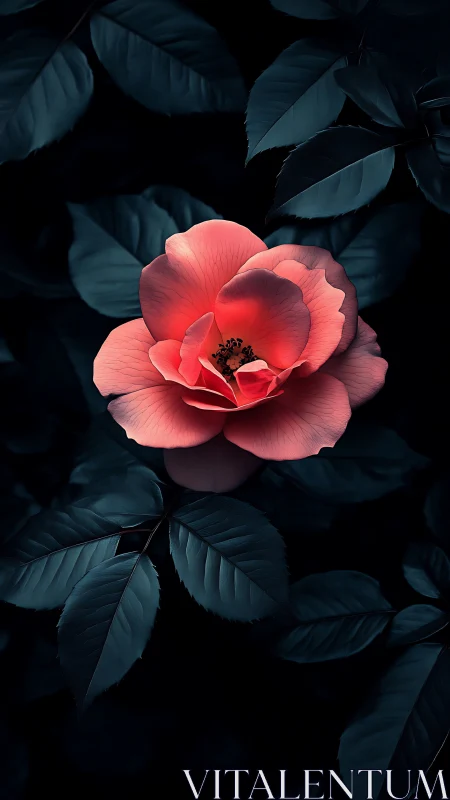 Coral Rose Bloom Against Dark Teal Foliage.