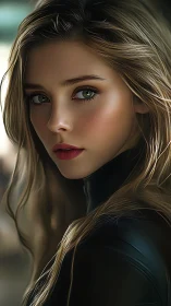 Gentle gaze of a young woman in soft cinematic light.