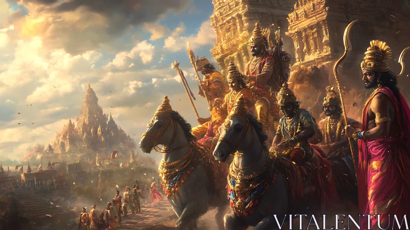 Sun-drenched warrior procession before celestial temple city.