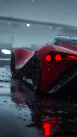 Red sports car rear view parked in rainy night street