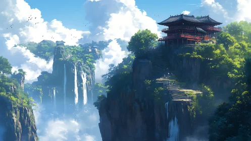 Sky temple above misty waterfalls and sunlit cliffs.