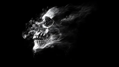 Ethereal smoke skull profile in monochrome negative space.