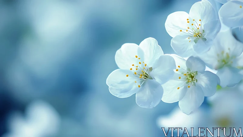 Delicate white blossoms with golden stamens against serene blue bokeh.
