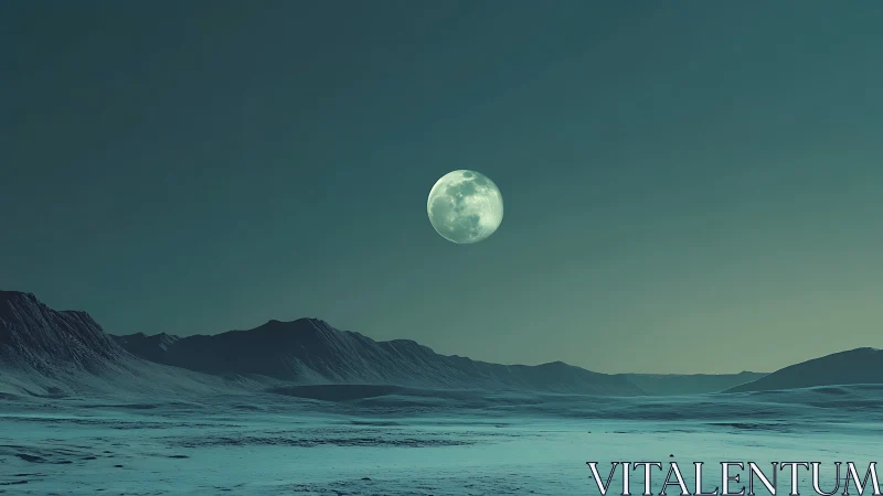 Lunar halo over glacial mountain plain under cyan nocturnal sky