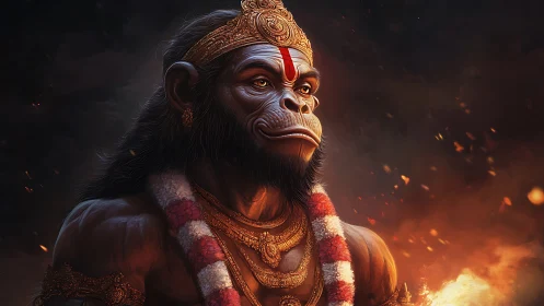 Mythic humanoid ape warrior with firelit garlanded torso