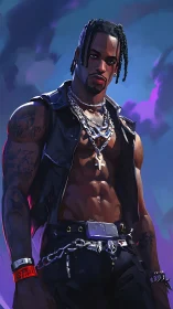 Stylized male figure stands in sleeveless vest under neon sky