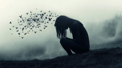 Silhouette woman kneeling in fog, dispersing into flying birds