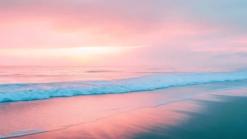 Pastel-gradient shoreline under uniform low-angle sunset light