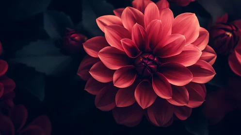 Red Dahlia Flower Blooming Against Dark Background.