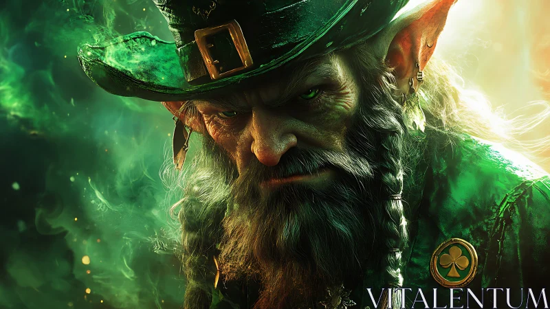 Brooding leprechaun portrait under swirling emerald smoke.