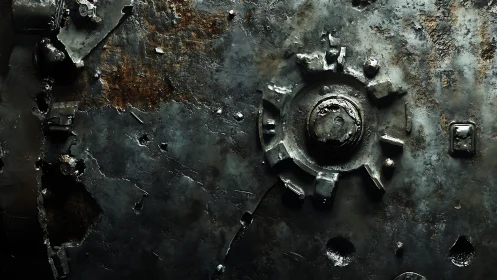 Corroded metal surface with worn circular gear detail.