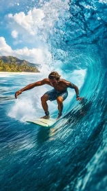 Sunlit surfer carves inside a glowing tropical blue wave