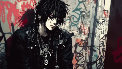 Chromatic goth portrait against urban graffiti substrate.