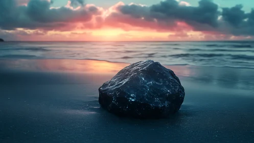Dark shoreline rock against low sun over calm horizon.