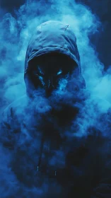 Hooded spectral figure in blue volumetric fog illumination.