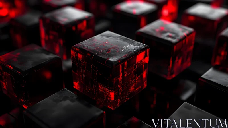 Glowing red digital cubes form dark futuristic grid landscape