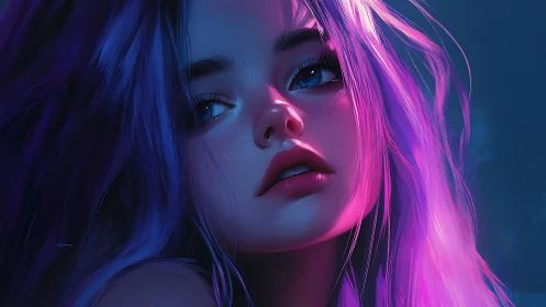 Digital portrait shows close-up of girl lit by neon colors